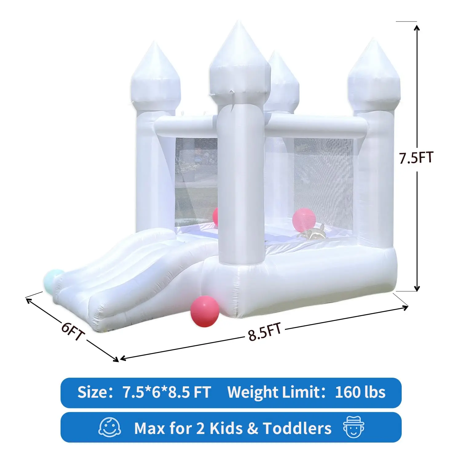 Muslimmini White Bounce House Oxford Bounce House con scivolo gonfiabile bianco casa gonfiabile, con ventilatore per la festa di compleanno