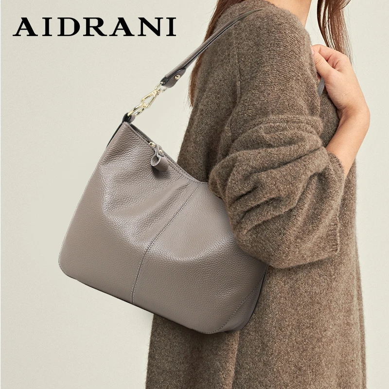 Aidrani  Genuine leather women's handbag, solid color, large capacity tote bag, cowhide shoulder bag