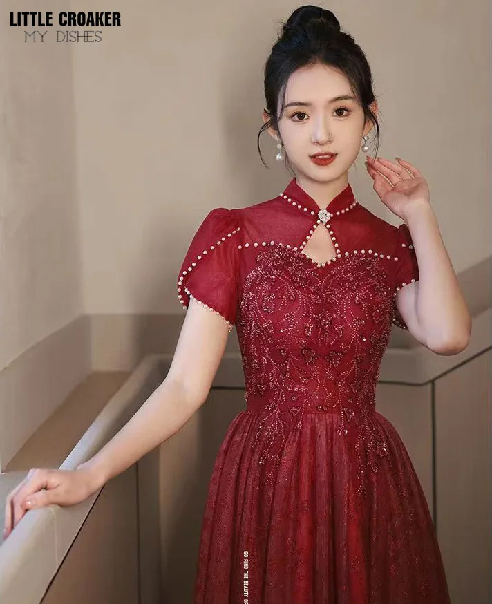 Mandarin Collar Pearls Bachelorette Party Dress Women Elegant Luxury Vintage Red Prom Dress Long