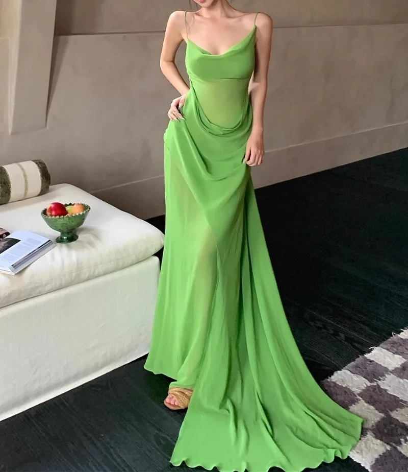 

Зеленое платье на бретелях, женское летнее праздничное платье макси, Vestidos, облегающее платье без рукавов с разрезом на шее и открытой спиной, женская одежда