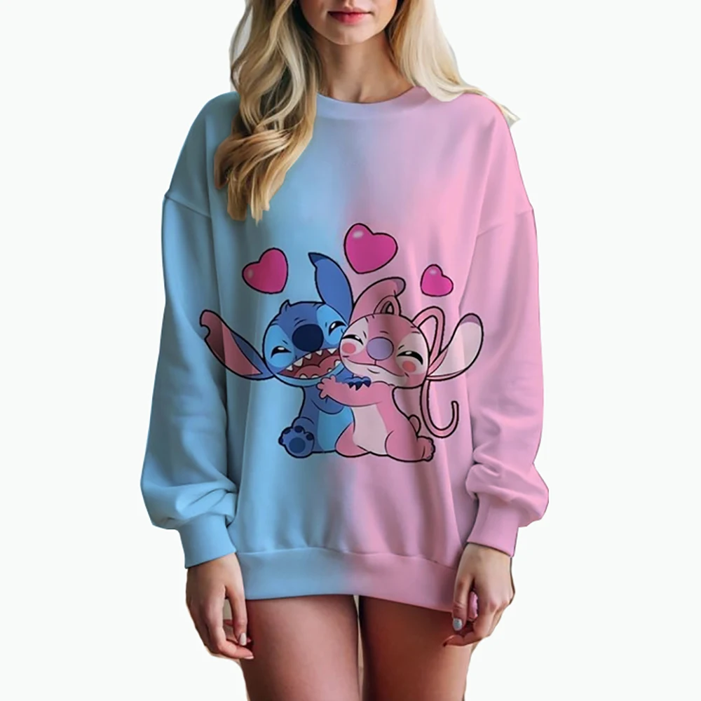 Autumn Fun Print Long Sleeve Top 2024 New Cartoon Disney Cute Lilo & Stitch Ladies Sweatshirt Crew Neck Loose Pullover