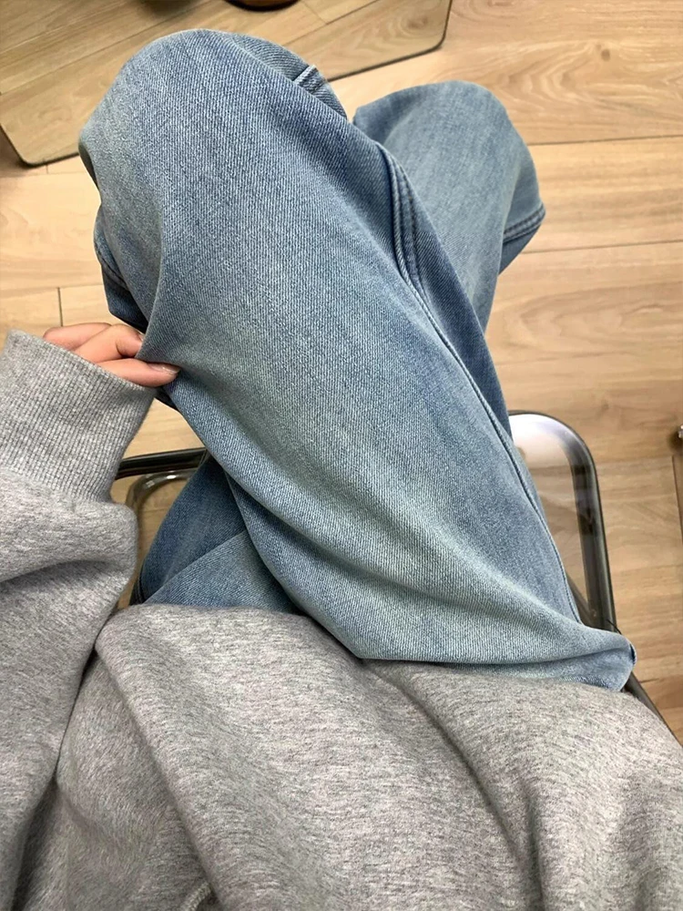 

Прямые синие джинсы с высокой талией на подкладке, женские облегающие широкие длинные брюки на осень-зиму 2024, уличные брюки