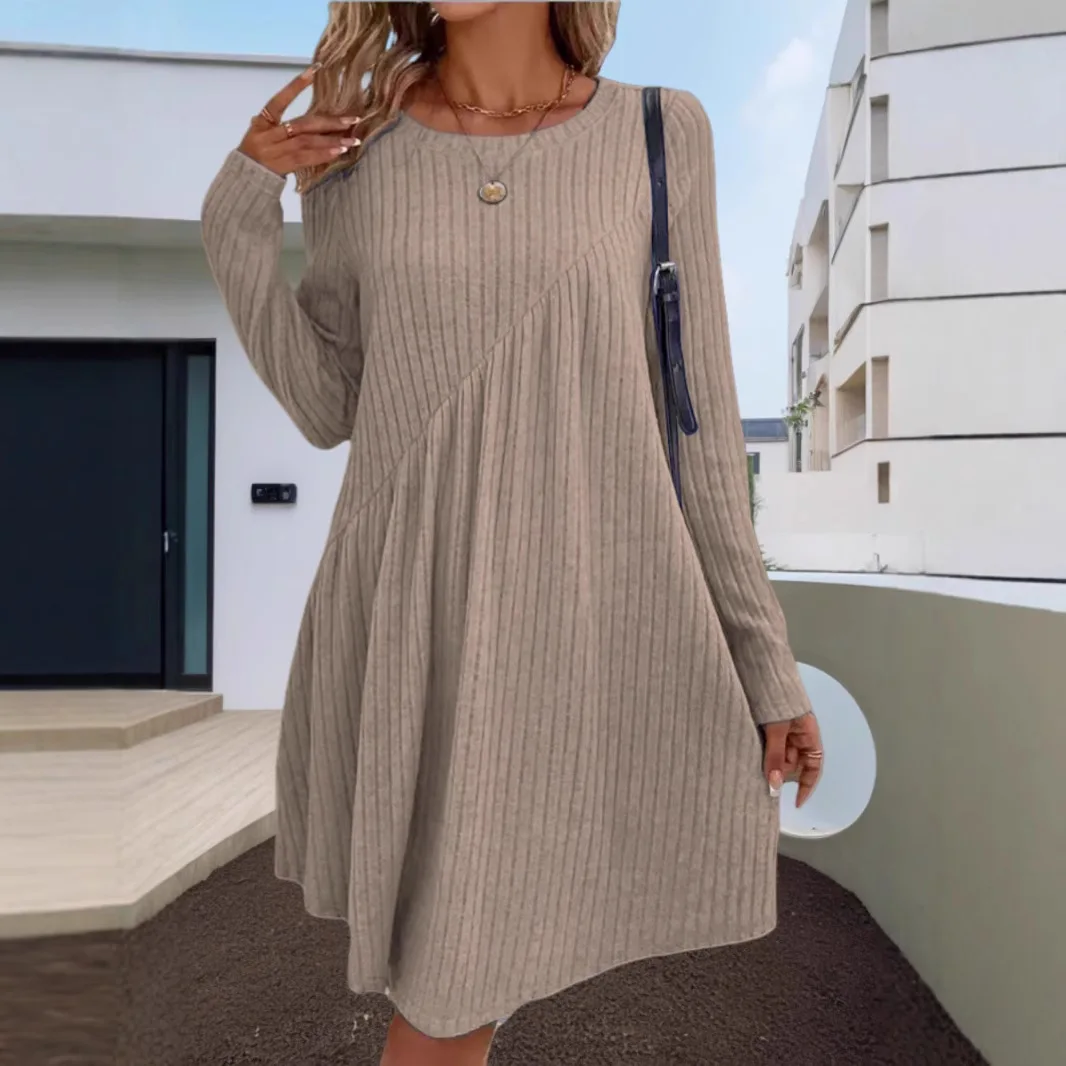 2025 Spring Autumn Fashionable Commuting Women's Dress Casual Irregular Brushed Pit Strip Solid Color Long Sleeve A-Line Skirt