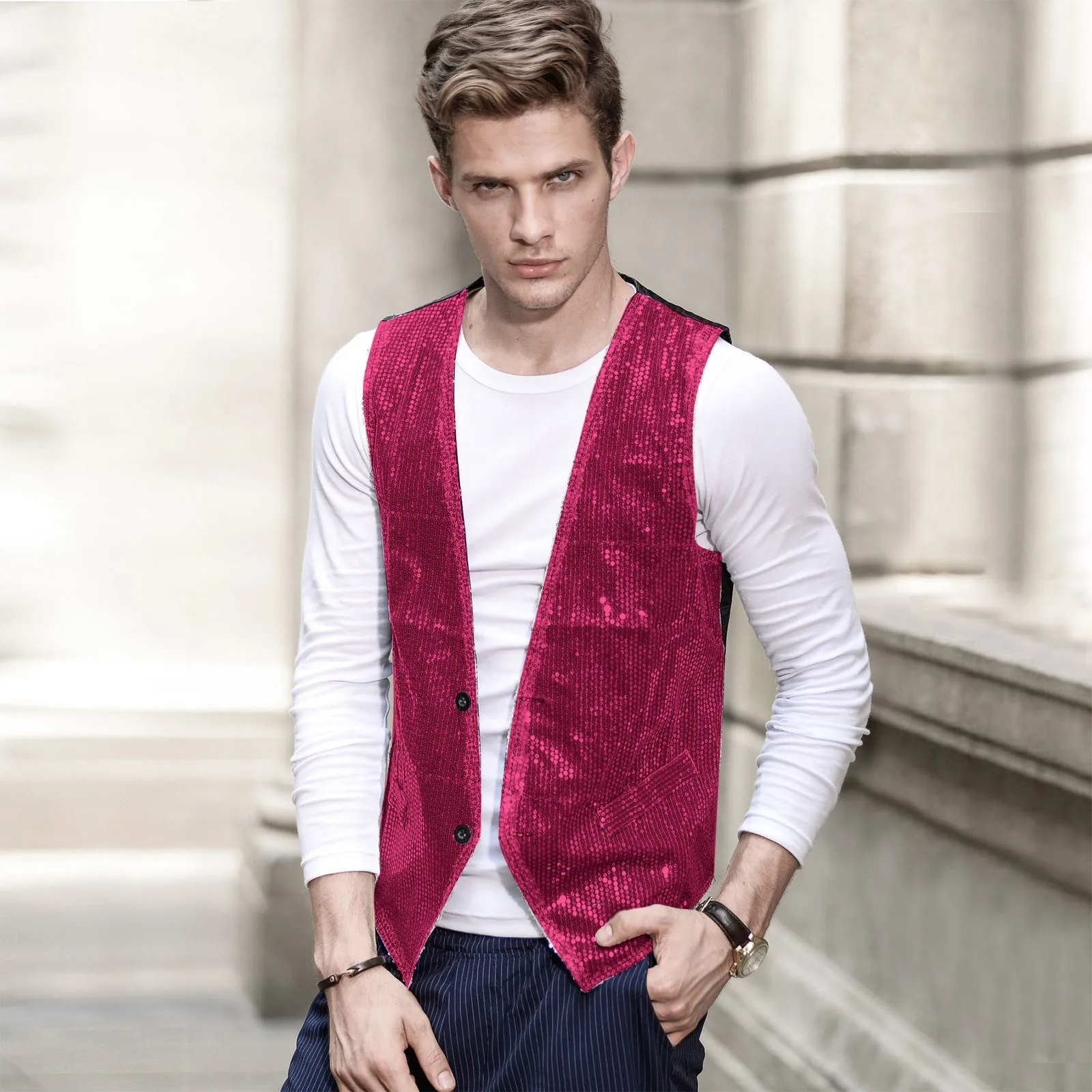 Male Shiny Sequin Blazer Vest Sparkling High Street Vest Waistcoat Streetwear Evening Wedding Men's Glitter Formal  Dress Vests