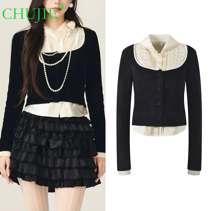 

CHUJIE 2025 Autumn Winter New French Double Layer Doll Collar Pearl Layered Decorative Color-Block Two-Piece Knitted Cardigan