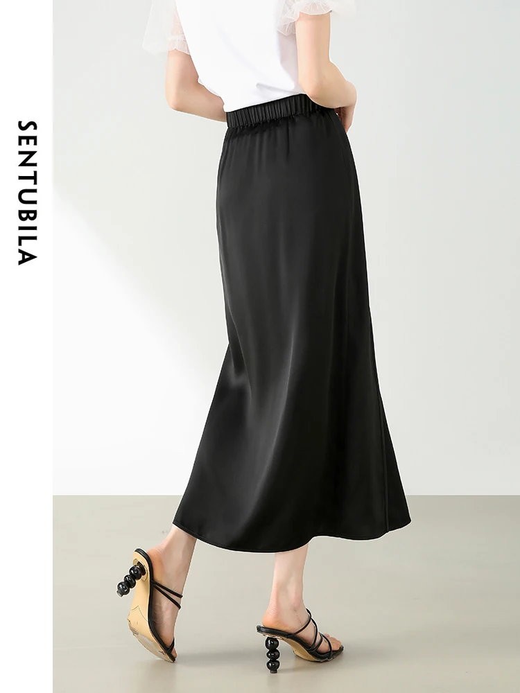 SENTUBILA Chinese Style Black Skirt Women 2024 Summer New Retro Patchwork Jacquard Satin Elastic Waist Midi Skirts 142Q54687