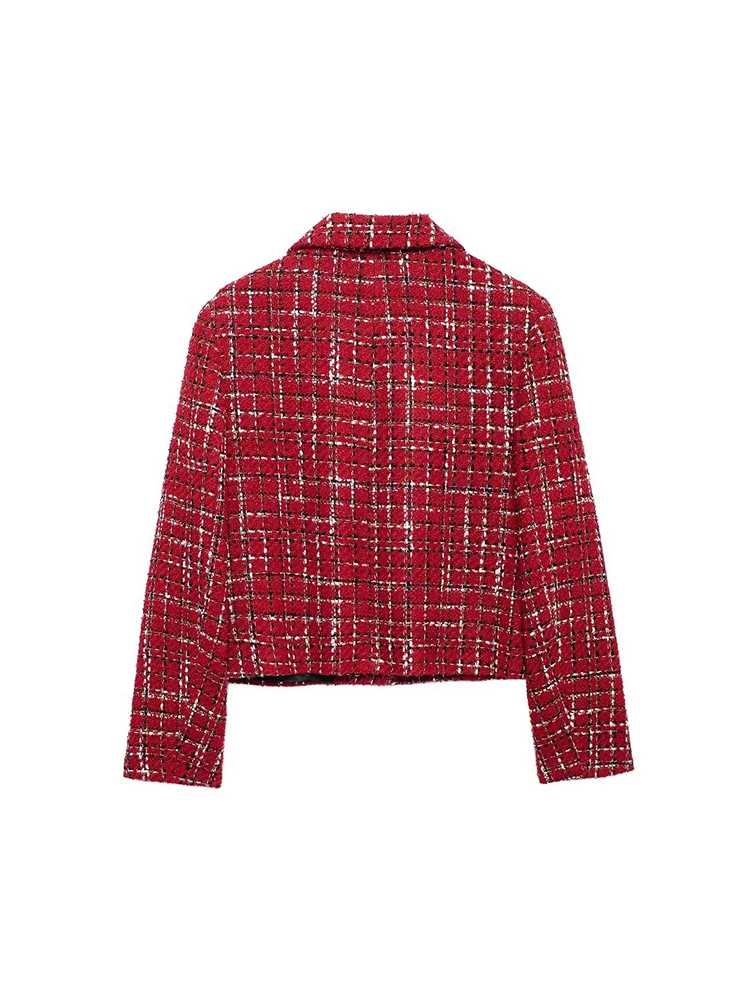 KUCLUT Women Fashion Chic Red Tweed Jacket With Should Pads Female Pockets Buttoned Short Coat Ladies Casual Streetwear