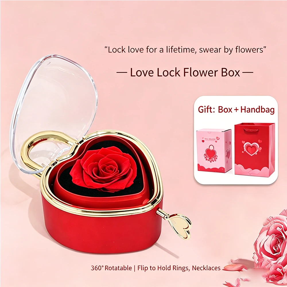 2026 New Arrival Heart-shaped Padlock Preserved Rose Jewelry Box, Valentine's Day Gift Box for Ring, Necklace, Pendant
