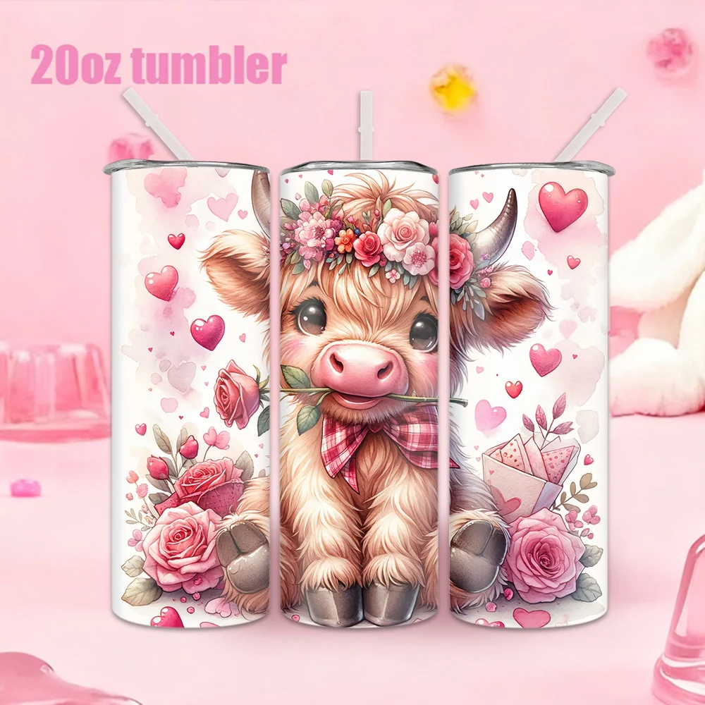 1pc 20oz straw water bottle, insulated stainless steel water cup with a cow wearing a wreath, rose, and heart pattern.