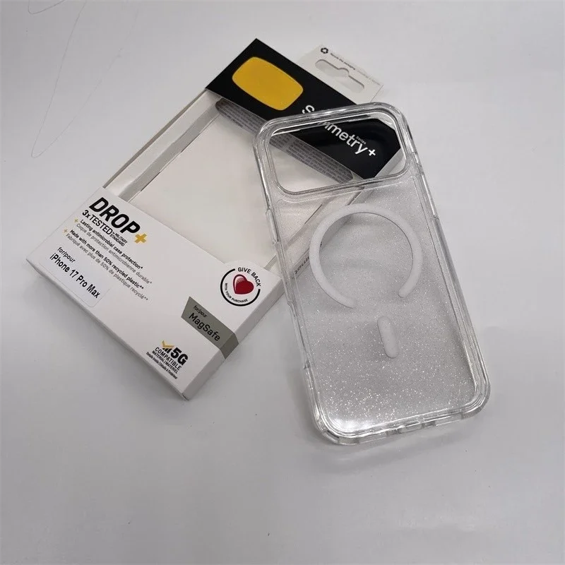 قضاعة التماثل + سلسلة واضحة ل Magsafe آيفون 17Pro ماكس 17pro الهواء الشفاف ستاردست بريق مكافحة الإفلات غطاء وقائي صندوق