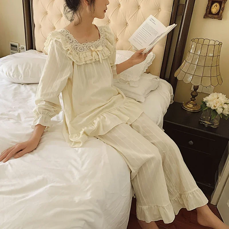 Women‘s Lolita Flower Embroidery Lace Square Neck Pajama Sets.Vintage Lady Girls Lace Pyjamas Set.Sleep Loungewear Nightclothes