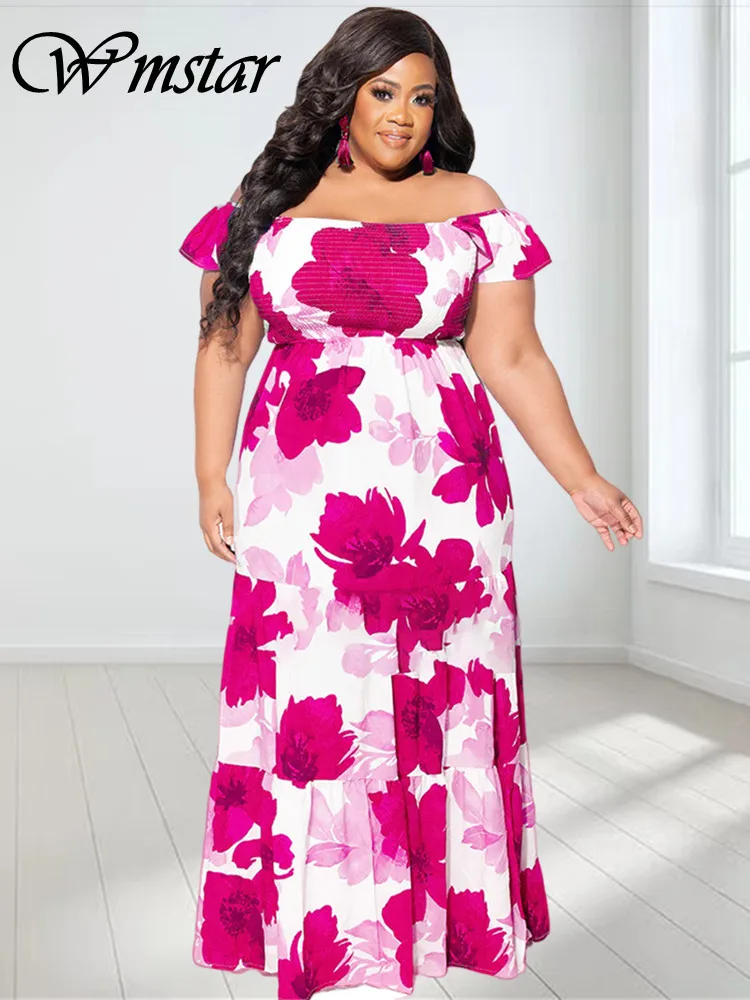 Wmstar Plus Size Dresses for Women Summer Holiday Flower Printed Off Shoulder Stretch Elegant Maxi Dress Wholesale Dropshipping