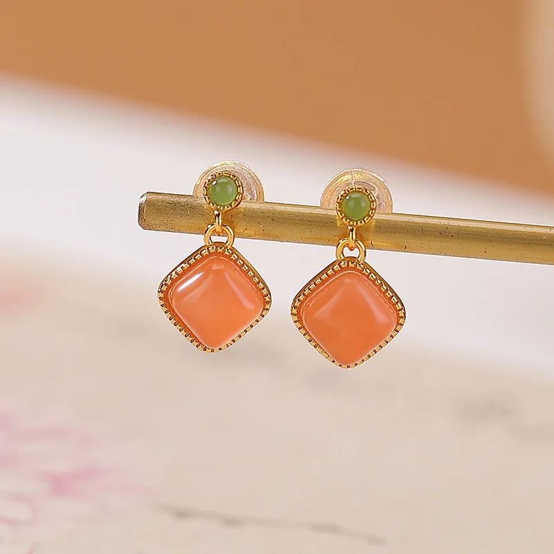 S925 Sterling Gold-Plated Red Agate Amber Rhombus Earrings Elegant Square Silver Ear Jewelry 2
