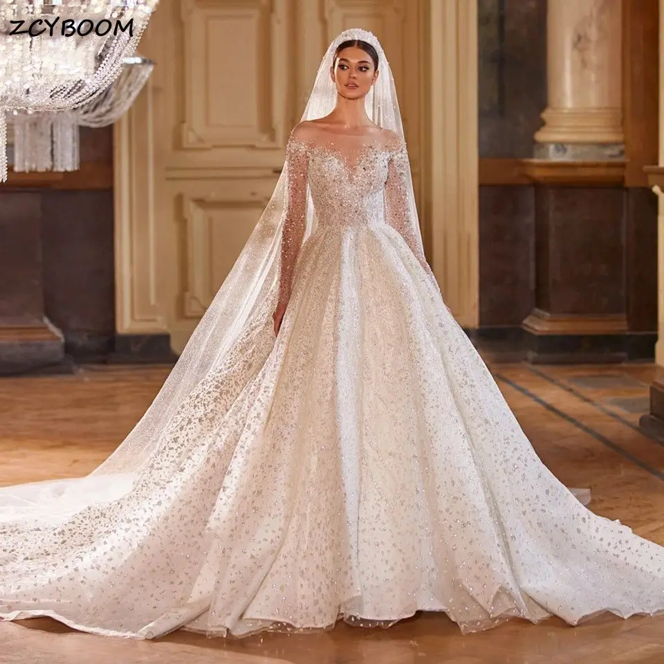 Luxury Sweetheart Long Sleeves A-Line Wedding Dresses 2026 Sparkly Lace Crystals Beading Sequined Bride Gowns Vestidos De Novia