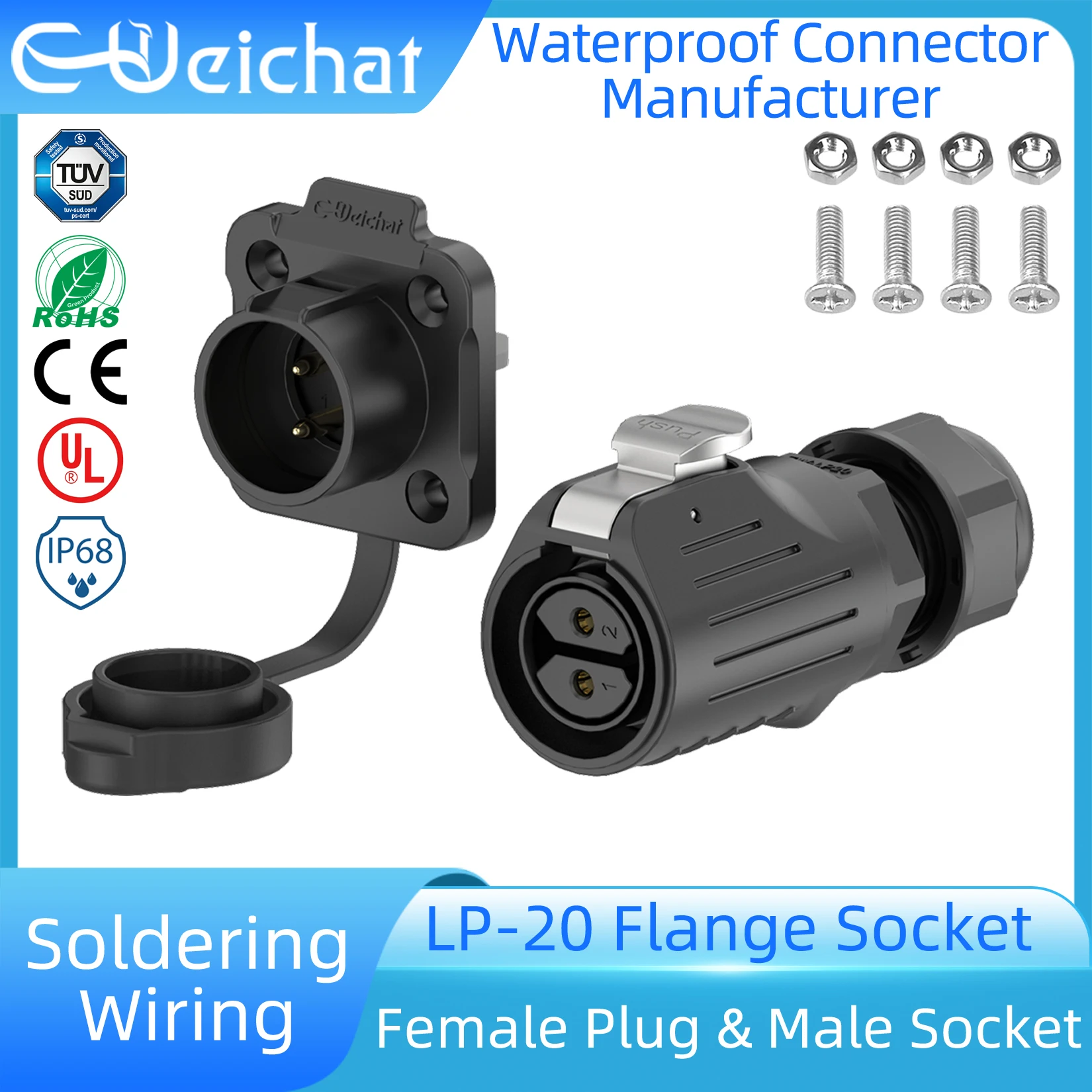 

LP20 IP68 Waterproof Connector 2-14Pin PBT Plastic Female Plug + Flange Socket Aviation Industrial Circular Electrical Connector