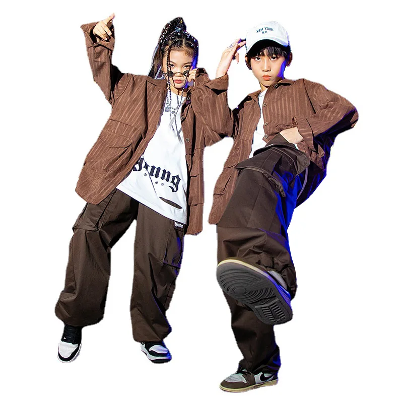 

Children Boys Streetwear Hip Hop Fashion Suits Sets Grils Stripe Long Sleeve Shirt Cargo Pants Kids Stage Dance Clothes Costumes