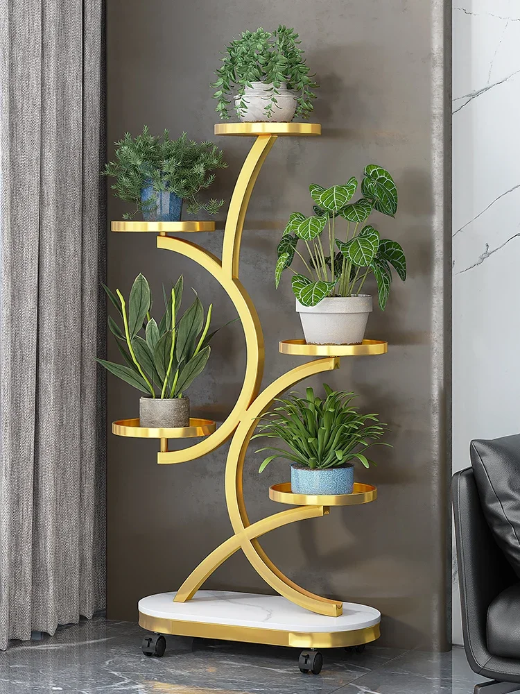 Mensola per fiori di lusso leggera, mensola per balcone da pavimento a soffitto per soggiorno, supporto per fiori succulenti, ruota universale, ferro battuto