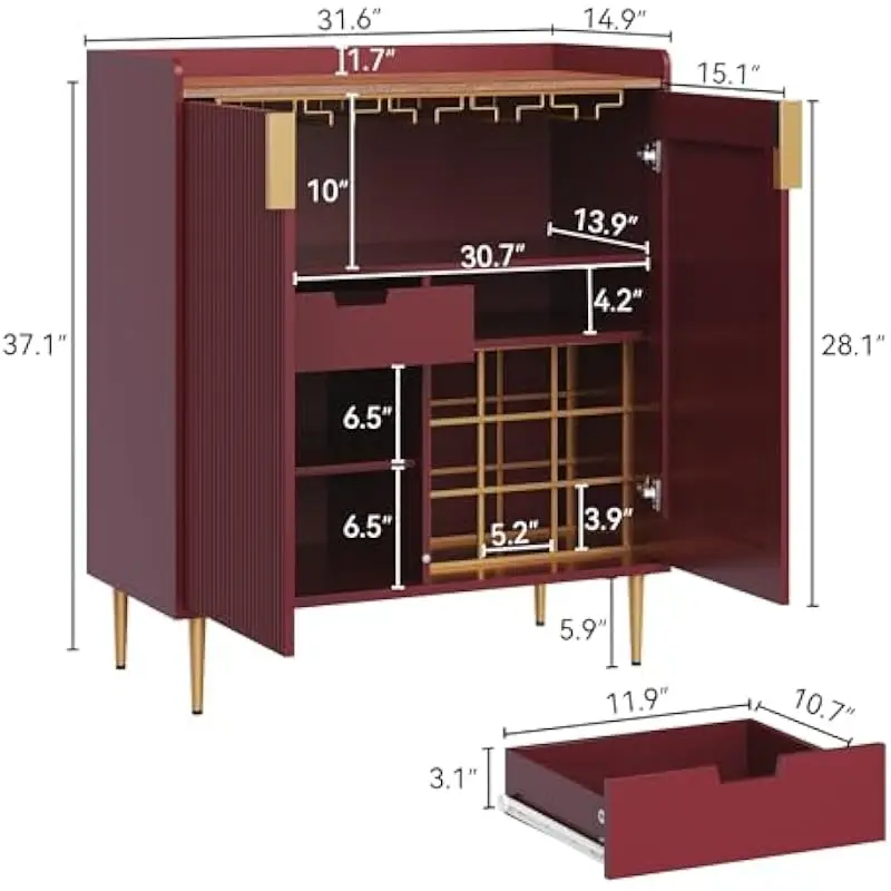 Bar Cabinet with Integrated Wine Rack and Stemware Holders, Compact 31.6 Inch Wide Design for Home Entertainment Spaces, Sturdy