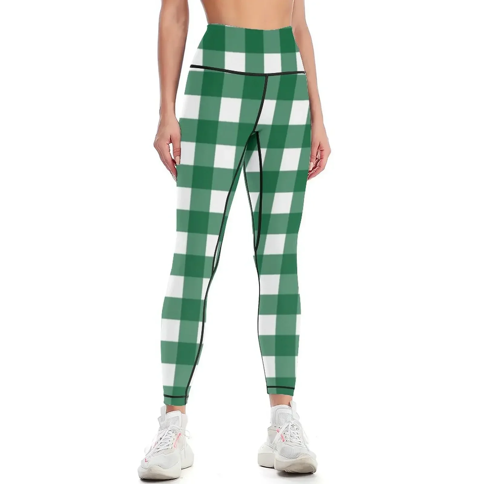 Green and white vichy pattern plaid gingham tartan pattern Leggings gym clothing Legging sport flared Womens Leggings