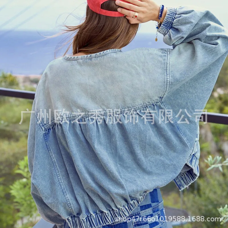 Women's Autumn Spring Top Coat Denim Round Neck Zipper Simple Comfortable Casual Design Fashion Advanced Niche Versatile Skinny