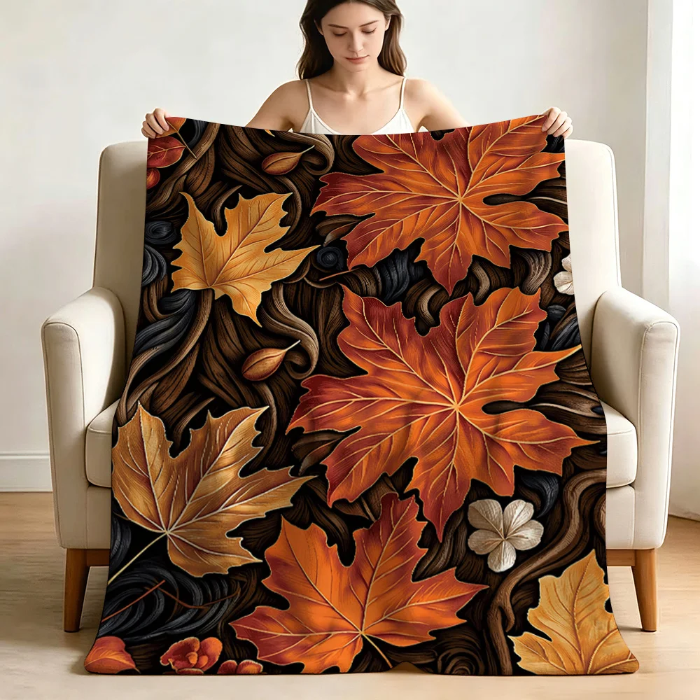 2D Flat Printing, 1pc Autumn Decor Blanket/Throw, Printed with Orange-Red Golden Maple Leaf Swirl Texture Pattern, Retro Artisti