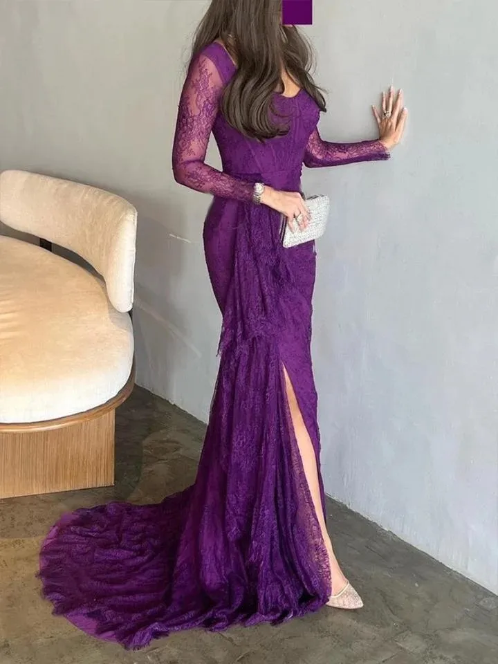 Flechazo Purple Lace Pleat Mermaid Evening Dress Square Collar Illusion Long Sleeves Sexy Side Slit Women Banquet Party Gowns