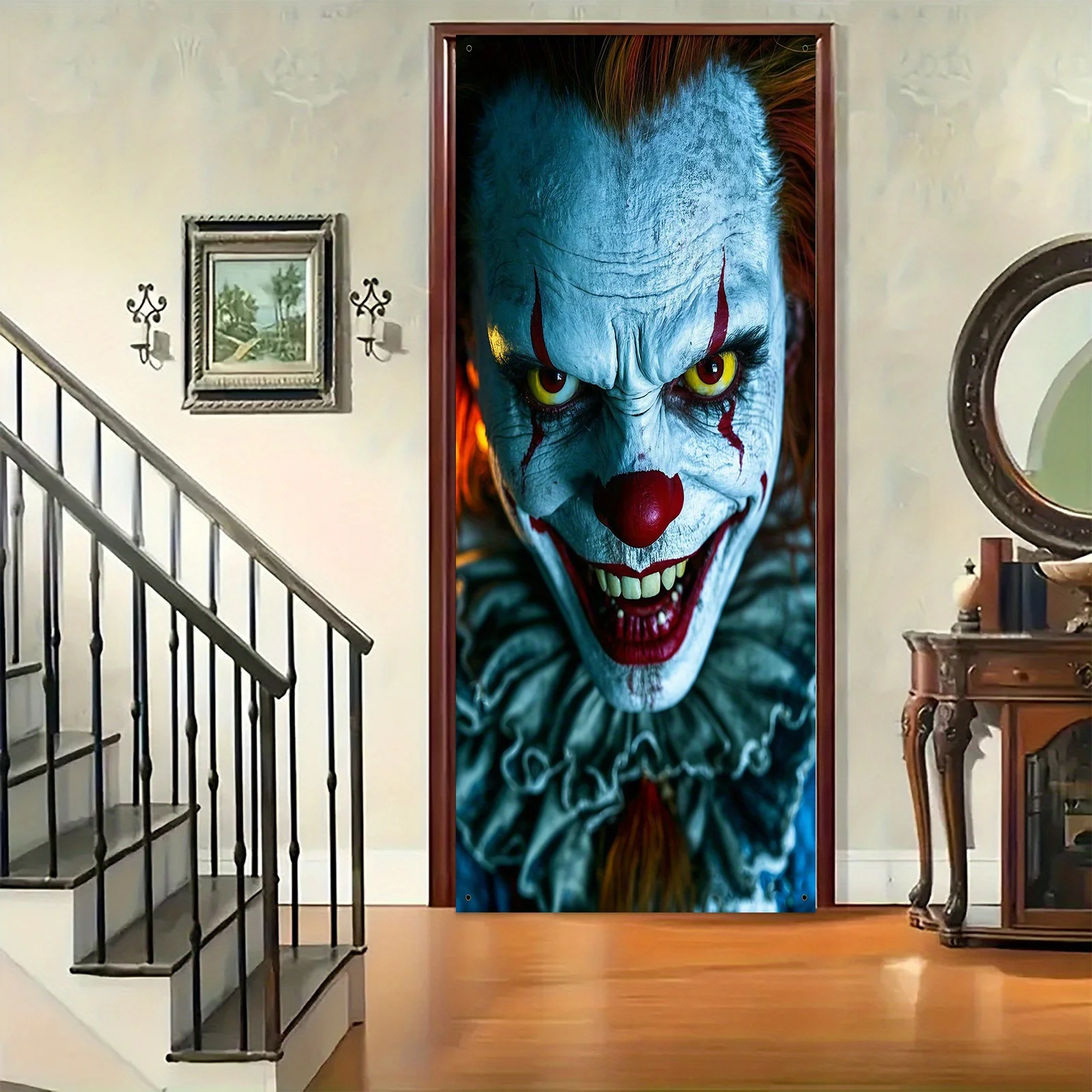 2D flat banner 1PC Halloween theme, scary clown design, blood-red eyes and red lips, terrifying Halloween party decoration view 2