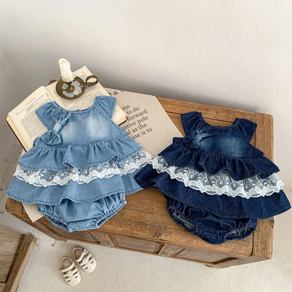 Summer Lace Bow Denim Tops+Bloomers Shorts 2PCS Outfits Fashion Suit Summer Baby Girl Clothing Set 0-3Years Newborn Kids