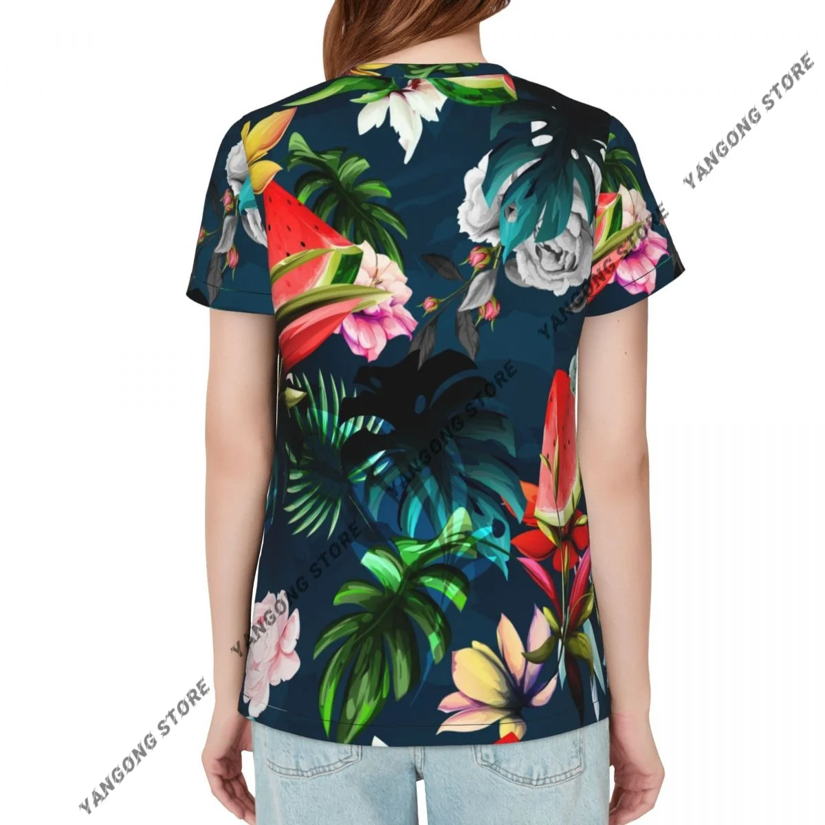 Casual Summer Woman Skinny Fit T-shirt Tight Short-Sleeve O-neck Tee Basic Tropical Watermelon Peony Flowers Leaf T Shirt