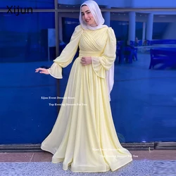 Xijun Modest Baby Yellow Chiffon Evening Dresses Muslim A-Line Long Prom Dress Full Sleeves Moroccan Kaftan Prom Gowns Customize