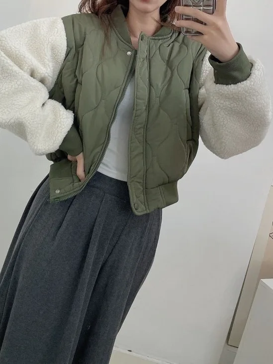 Mujer invierno ort Thiened piel de cordero empalme algodón Jaet béisbol Sle prendas de vestir exteriores suelta versátil Color Blo abrigo