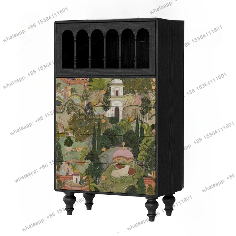 

French retro style solid wood four-chest cabinet, living room dining side cabinet, sofa side storage tea cabinet