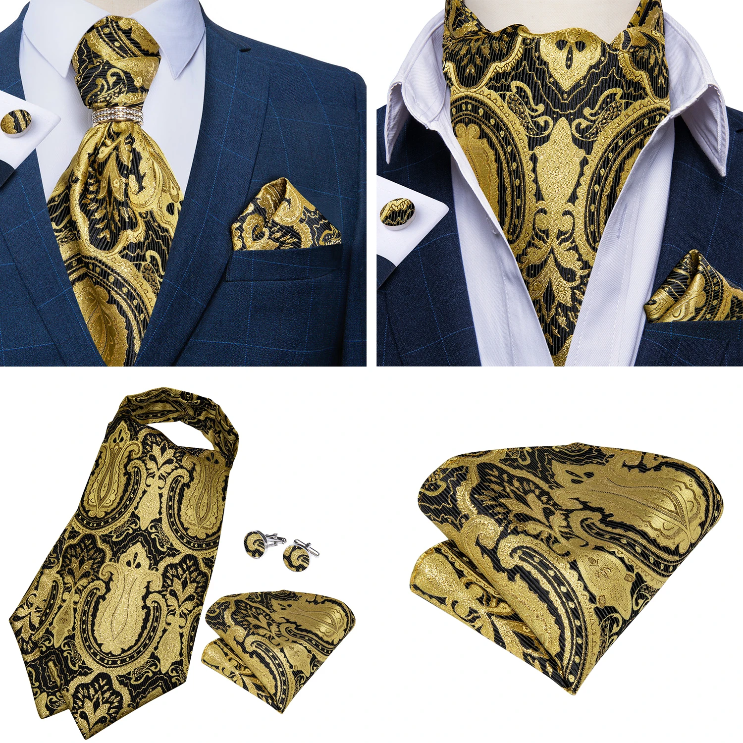 Luxury Men Green Blue Paisley Ascot Tie Set Solid Necktie Ring Wedding Party Cravat Purple Ties Pocket Sqaure Cufflink Free Ship