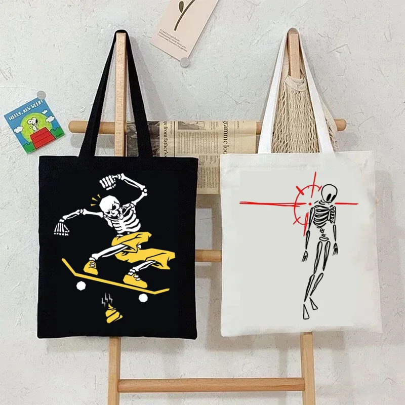 

Skeleton Pattern Printed Canvas Bag Y2k Popular Style Daily Ladies Eco Large Capacity Retro Street Shopping Student Bag