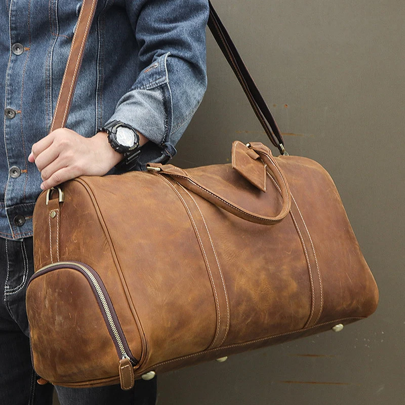 Real Leather Travel Bag Luggage Crazy-Horse Leather Hand Luggage Bag With Shoe Seat 22 Inch Large Capacity Travel Bag Handbag