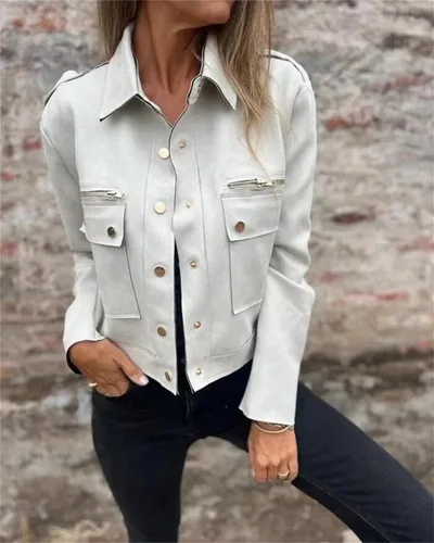 Chaqueta de piel de cordero auténtica para mujer primavera/verano con cremallera metálica; Manga larga con cuello alto