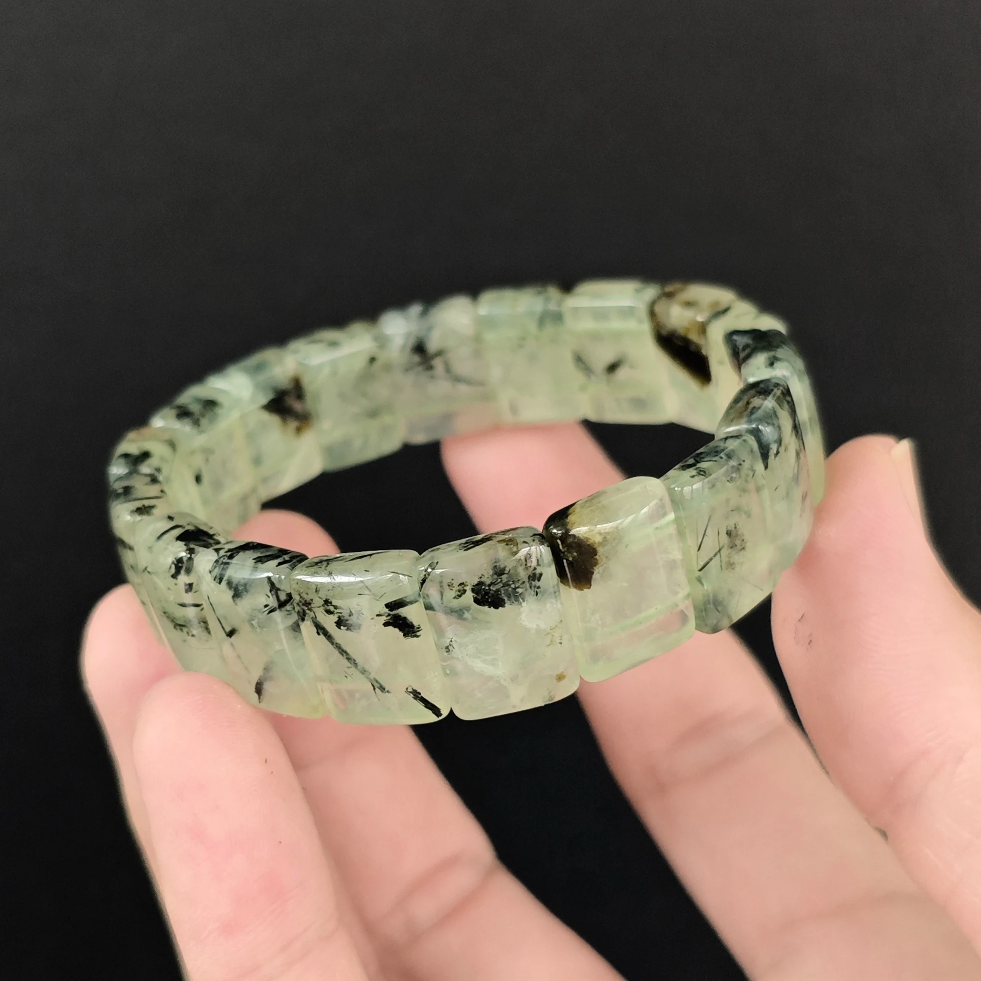 Natural Prehnite Bracelet 16x11mm Black Tourmaline Segment Bangle Flat Rectangle Gemstone Crystal Stretch Gift 16-22cm