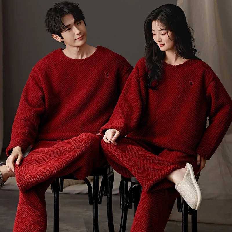 Red Color Winter Flannel Sleepwear for Couples O Neck Pullover Home Clothes Married Pijamas Women and Men Matching Loungewear