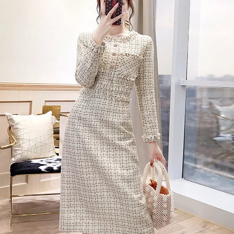 Women\'s Fashion Tweed Suit Dress Autumn O-neck Long Sleeve Single Breasted Plaid Elegant Dress New Evening Party Vestidos Robes