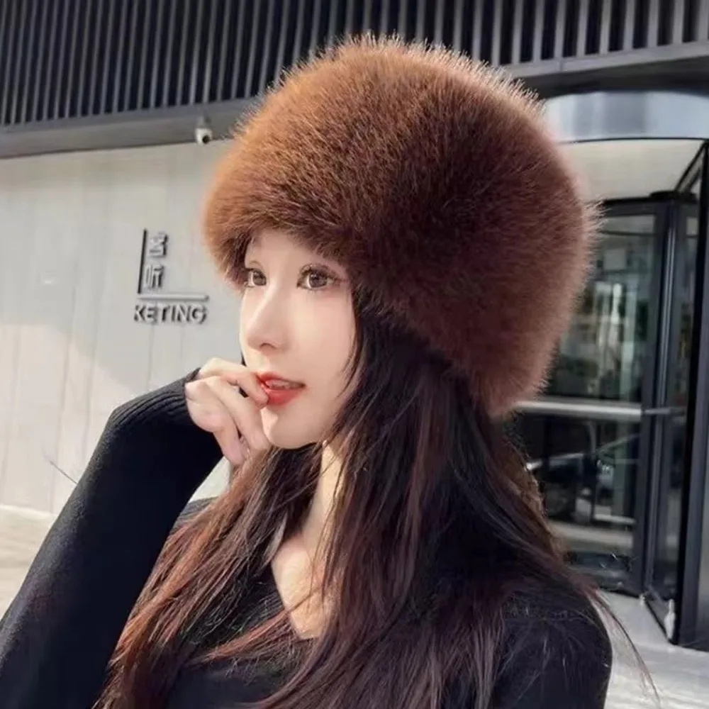 

Fashion Plush Fluffy Fur Bucket Hat Warm Ear Protection Panama Cap Furry Soft Mongolian Cap Women