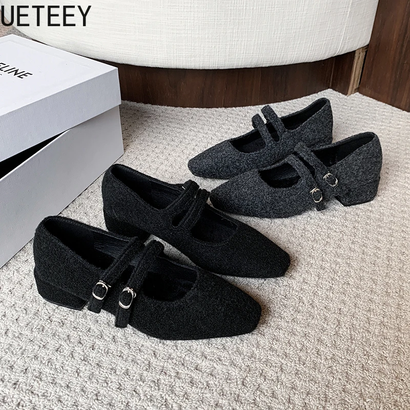 2025 Spring Wool Women Mary Jane Shoes Fashion Shallow Buckle Shoes Concise Party Dress Low Heel Shoes