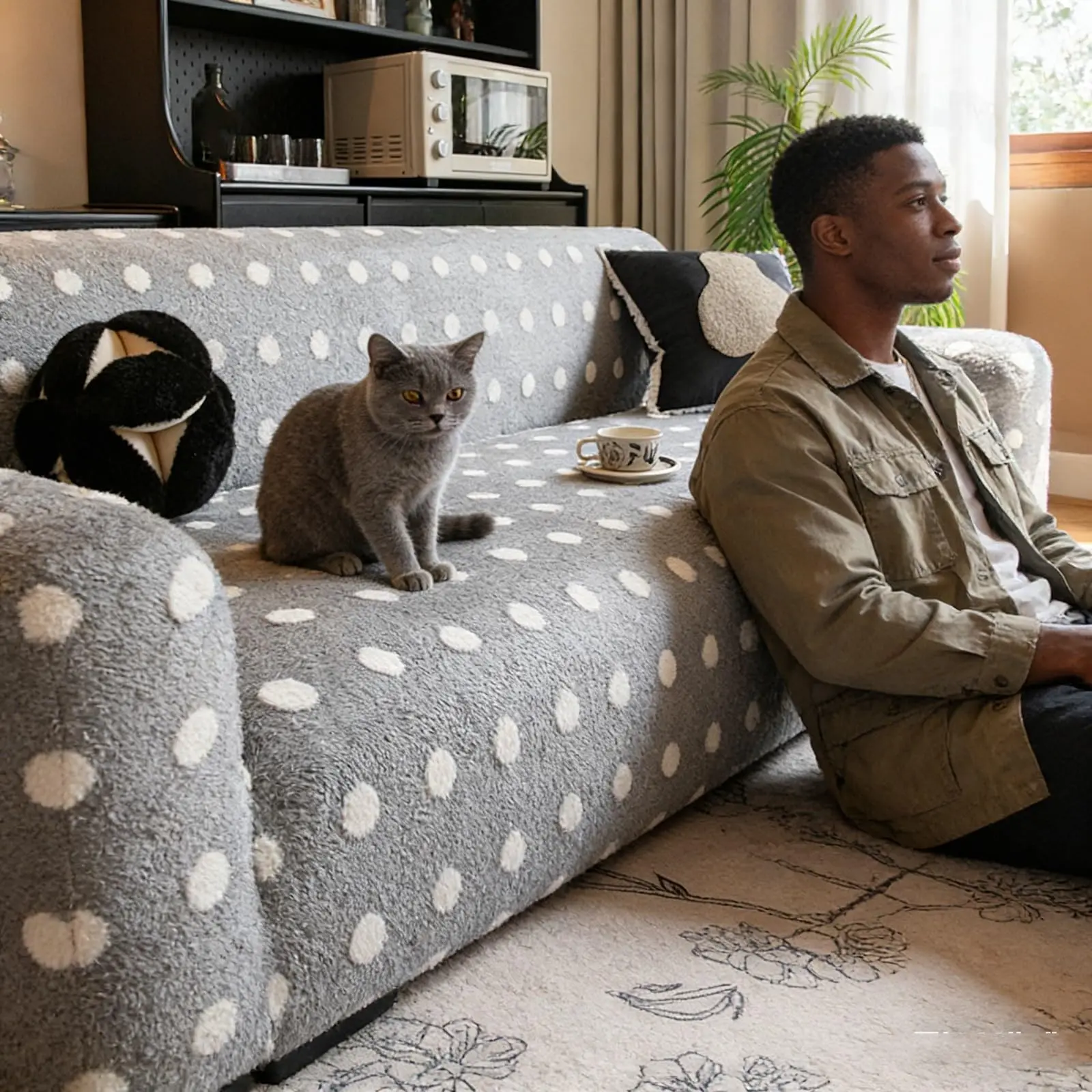 Polka‑Dot Velvet Sofa Cover, High‑Stretch Anti‑Slip Couch Slipcover, Pet‑Friendly Cat‑Proof Thick Plush Furniture Protector