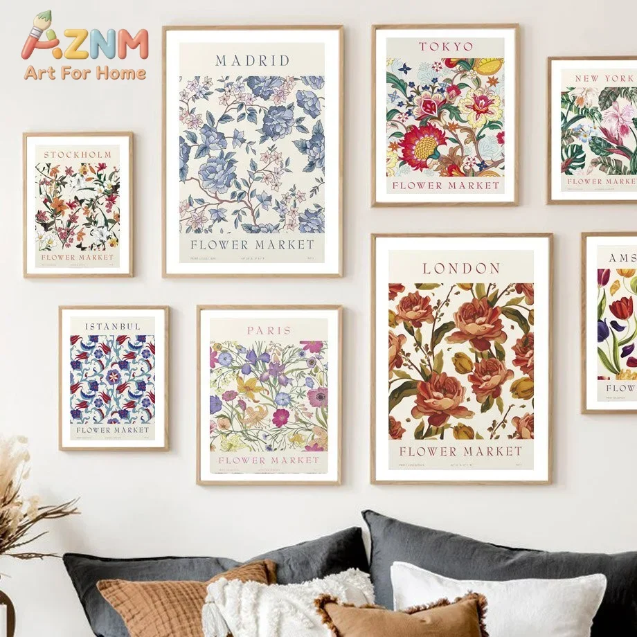 Nordic Abstract Flower City Wall Art Prints,Paris New York Madrid Travel Canvas Poster Decor,Bedroom Living Room Home Decor