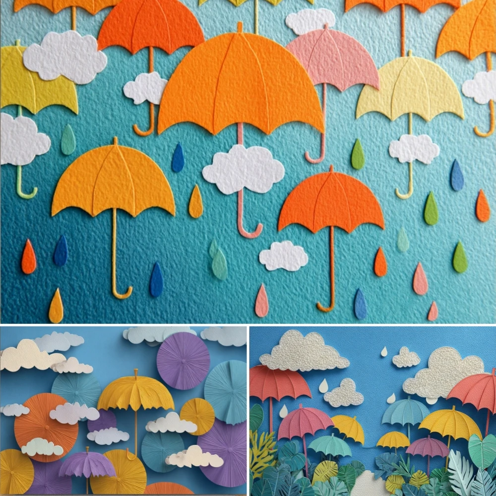 

Colorful Umbrella Raindrop Photography Background Rainy Themed Raindrops Clouds Green Plant Kids Birthday Party Decor Backdrop