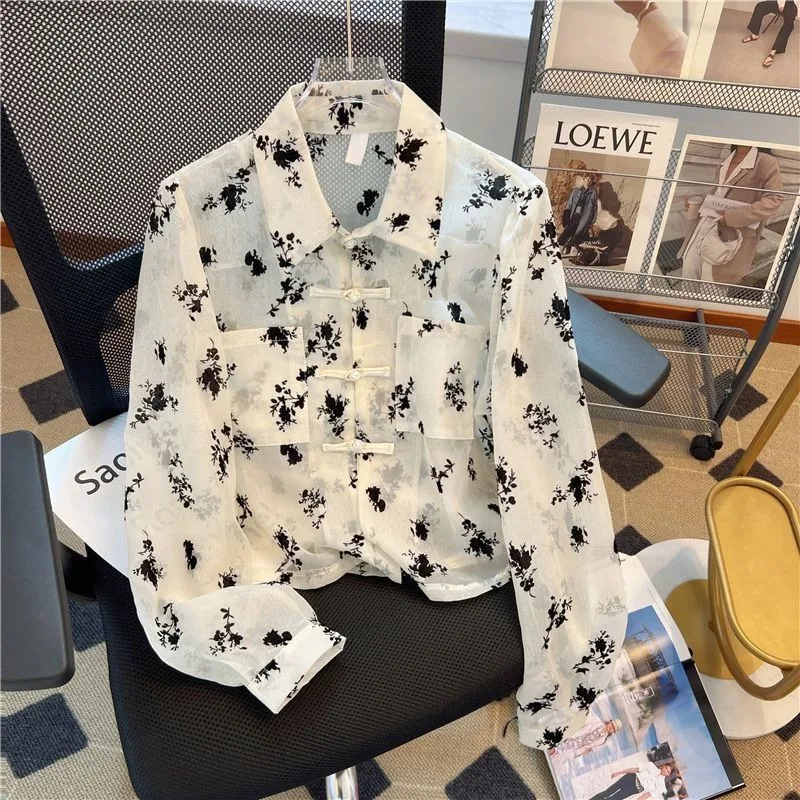 New Chinese-style Sun-protective Shirt Women Summer Thin Cardigan Unique Distinctive Printed Long-sleeved Shirt Button-up Top