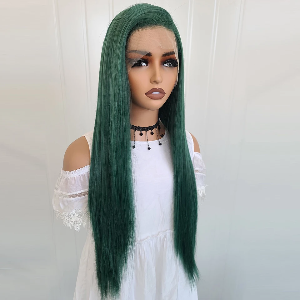برناردو شعر مستعار أخضر داكن 13X4 الاصطناعية الدانتيل الجبهة الباروكات للنساء 26 بوصة طويل مستقيم الشعر ألياف مقاومة للحرارة غلويليس الباروكات