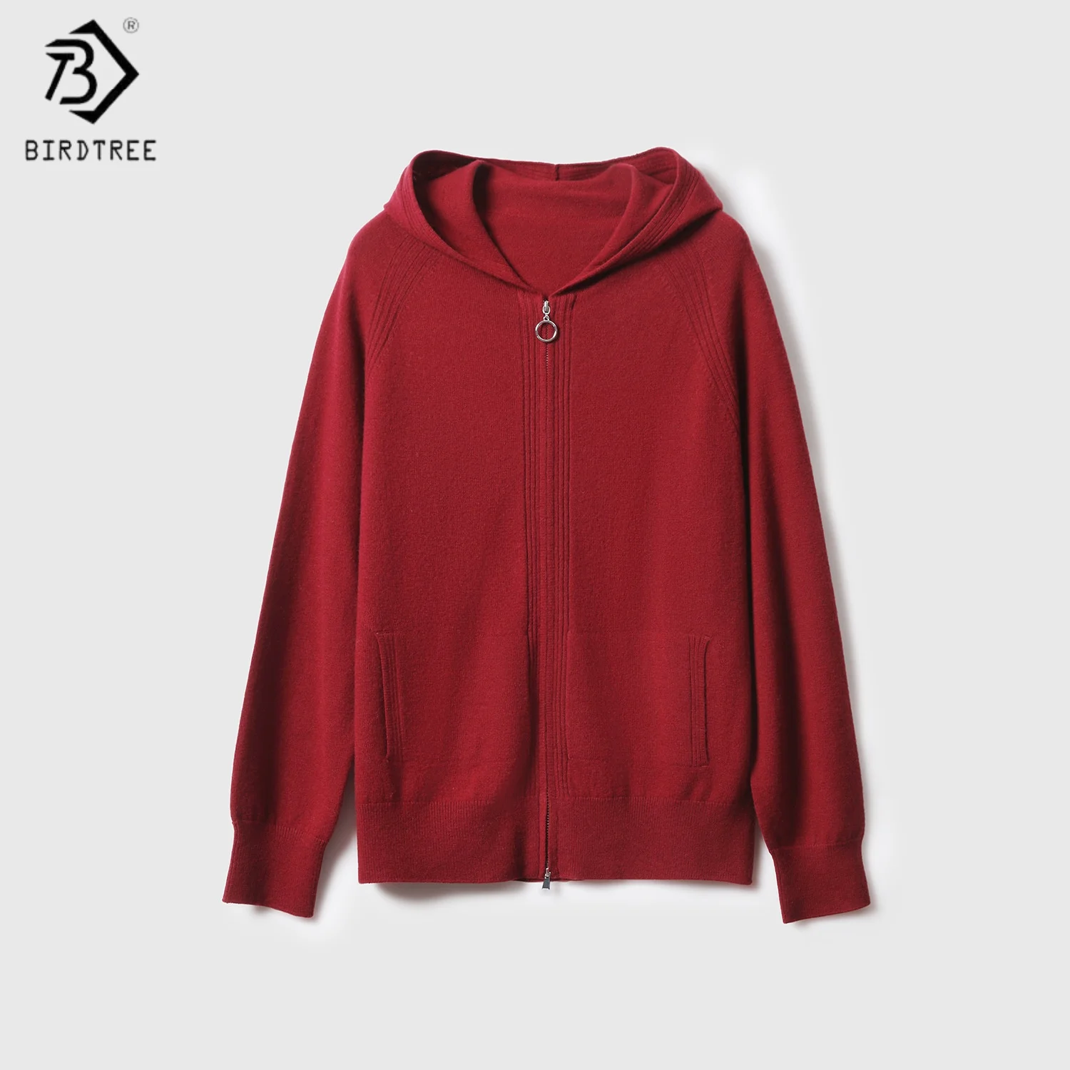 

Birdtree, вязаный кардиган из 100% овечьей шерсти с двойной молнией, женский однотонный свитер с капюшоном и длинными рукавами, осеннее теплое пальто 2025 T5O540JF