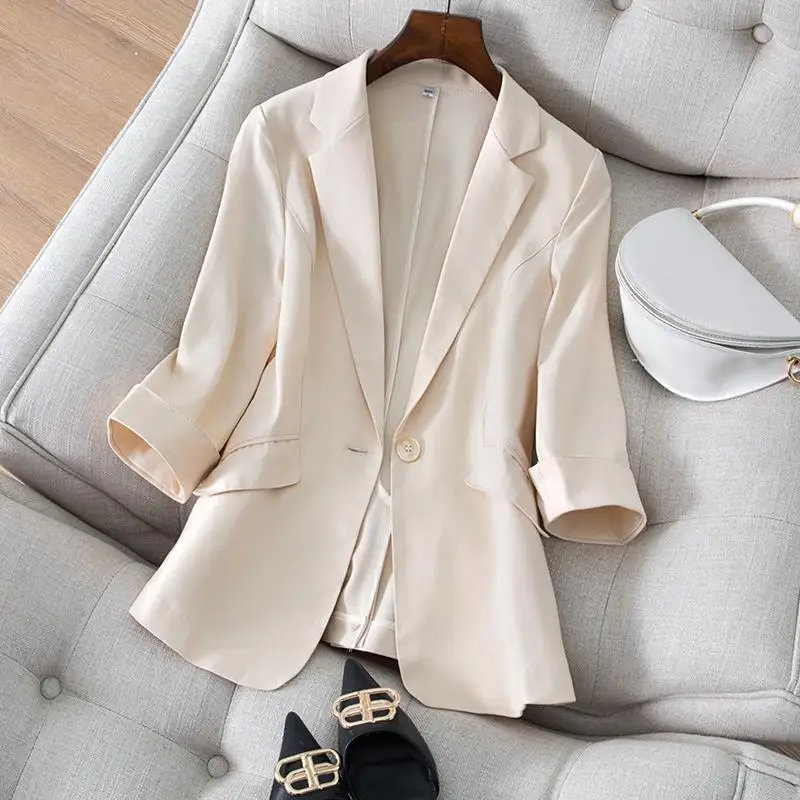 2023 New Plus Size Women\'s Blazer Elegant Summer Long Sleeve Suit Jacket Women Korean Fashion V-neck Thin Blazer Jacket Women