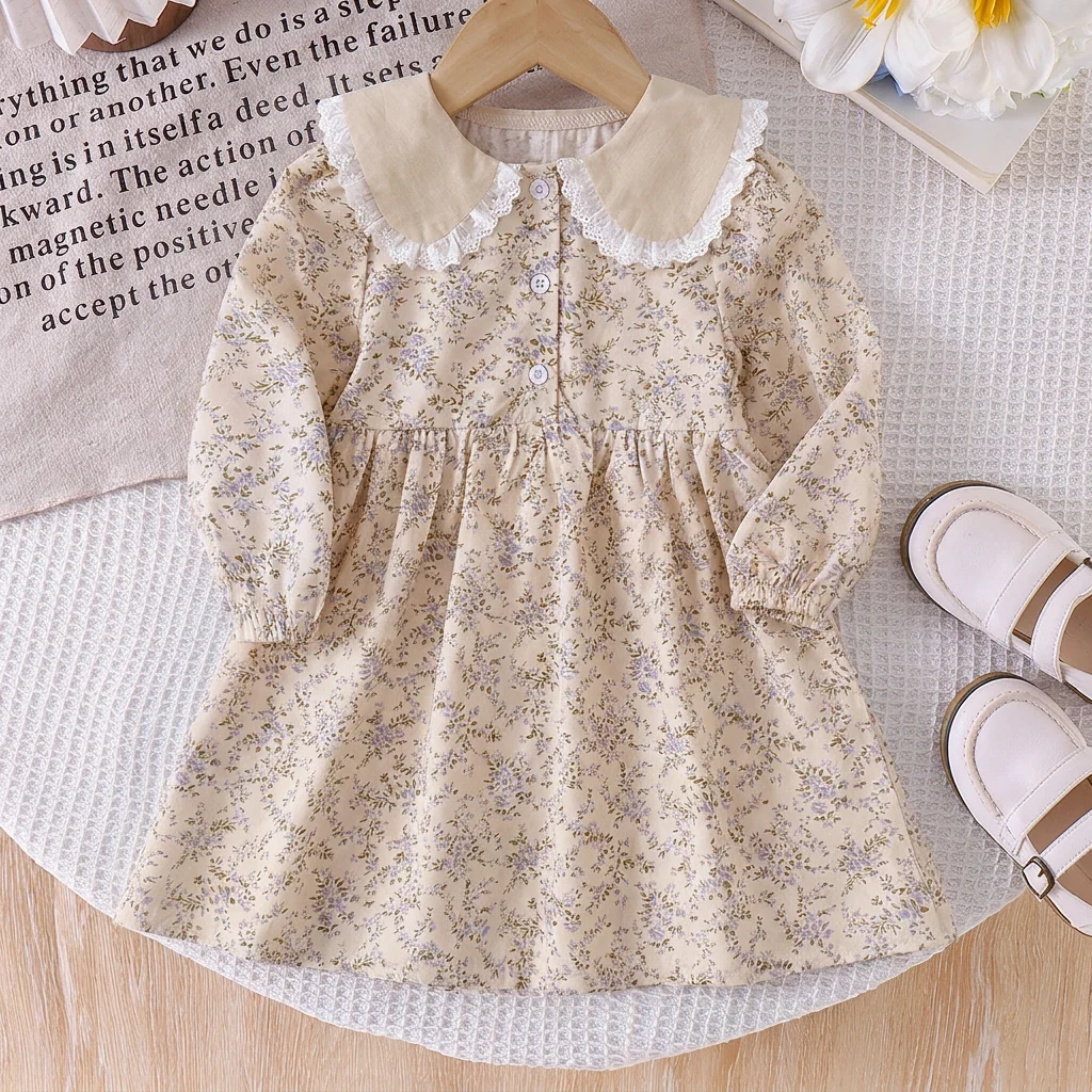 Leisure Countryside Style 3-7 Year Old Girls' Lapel Floral Long Sleeved Dress Korean Version Daily Wear