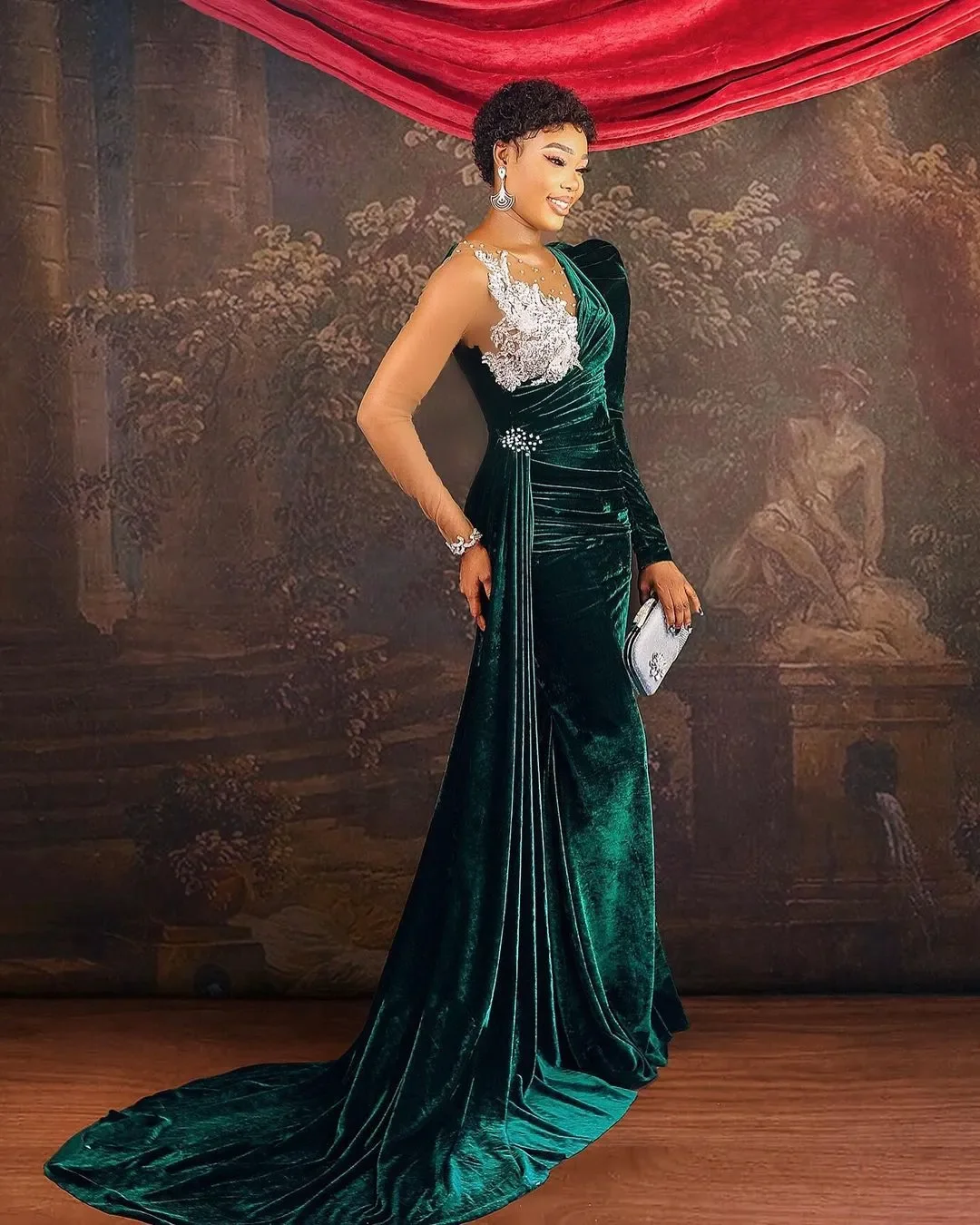 Vestidos de Fiesta de terciopelo verde oscuro con cuello redondo, sirena árabe, cuentas de cristales, mangas largas, noche, fiesta Formal, recepción, cumpleaños, Enga